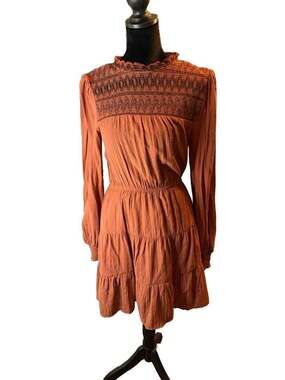 Blu Pepper Rust Smocked Mock Neck Embroidered Tiered Mini Dress